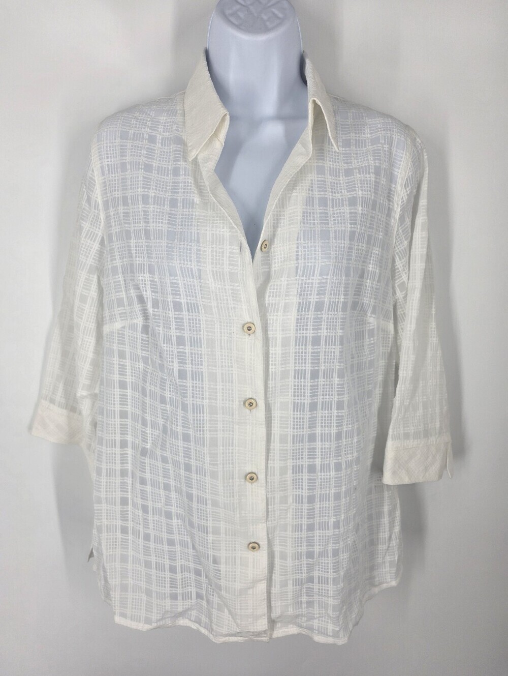Allison Daley White Plaid Sheer Button Up Blouse Top 3/4 Sleeve Size 8 Coastal